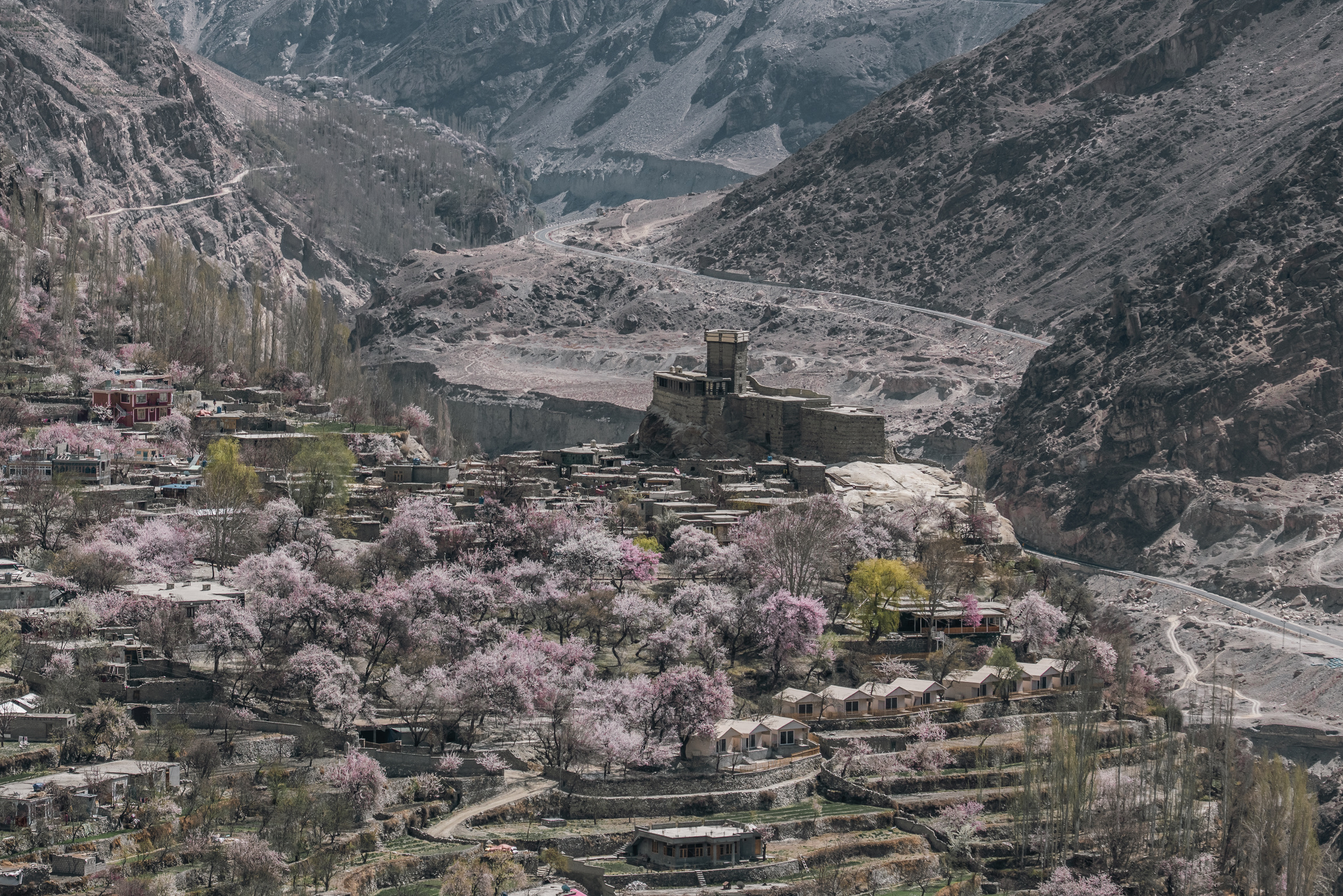 Open valley landscape in northern Pakistan with dramatic mountain backdrop